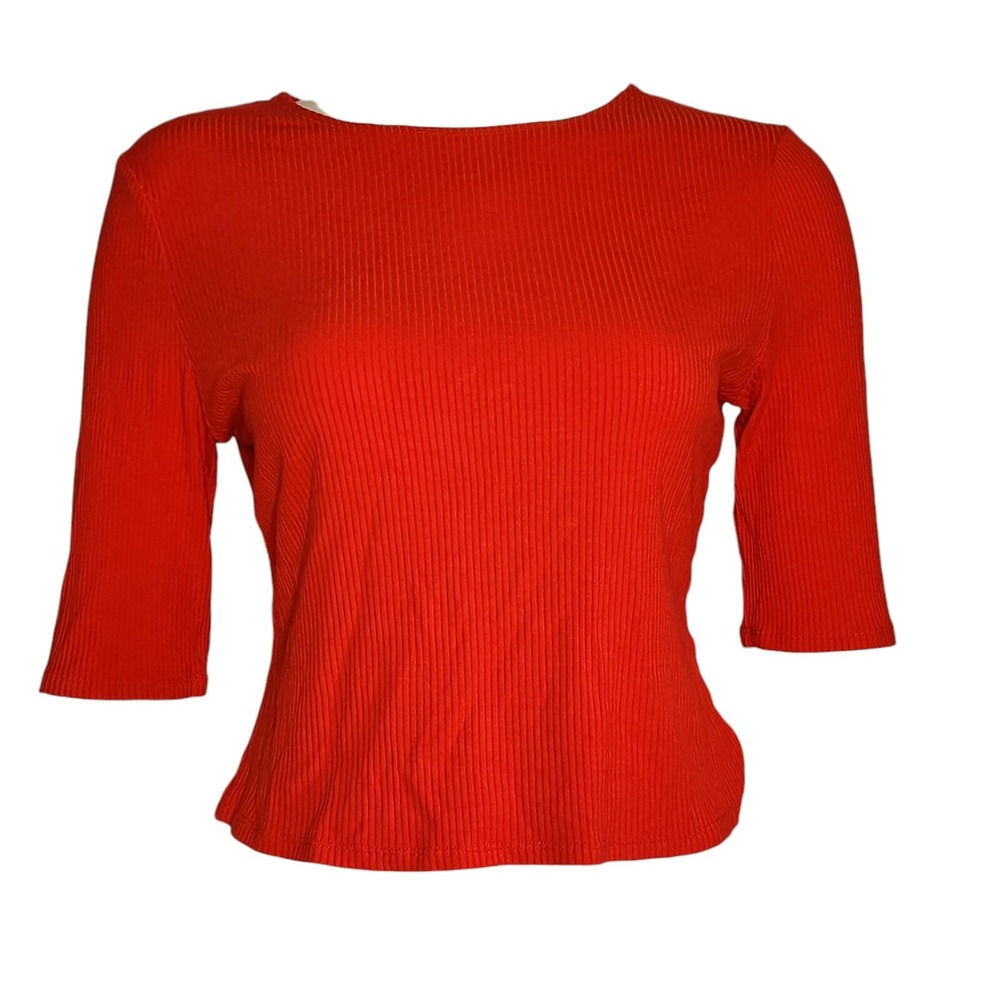 Popsugar Top Womens Large Red Ribbed Short Sleeve Crop Casual Stretch Chic